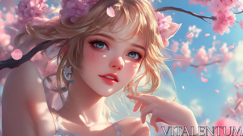 Blonde anime girl under cherry blossoms in spring light.