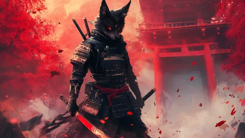 Anthropomorphic wolf samurai before red shrine gate.