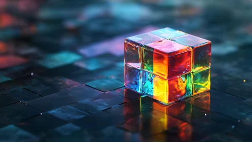 Translucent multicolor glass cube on dark tiled surface.
