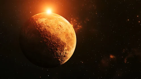 Rocky orange planet with star rising above limb in space.