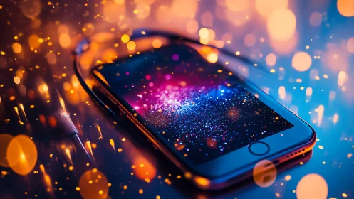 Glittering smartphone closeup under colorful bokeh light.