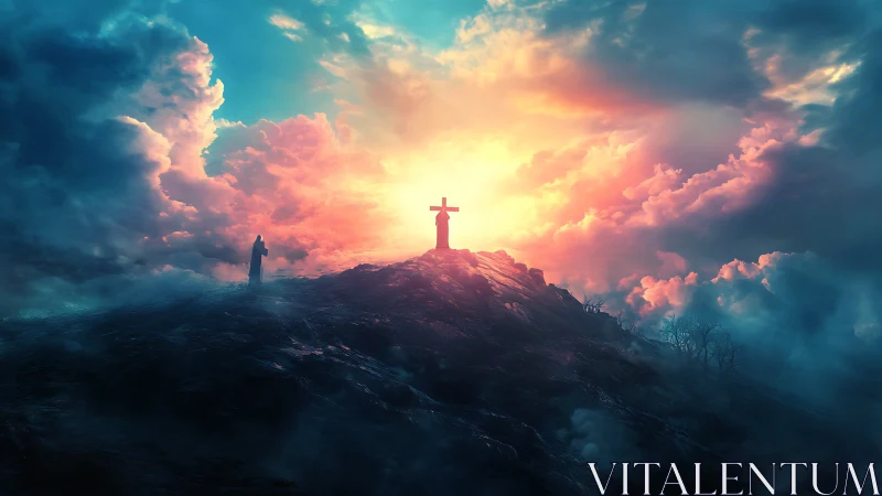 Cross on hilltop under vivid glowing storm clouds.