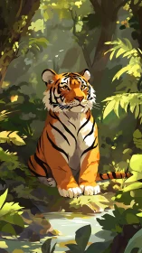 Gentle jungle tiger resting by a sunlit forest stream.