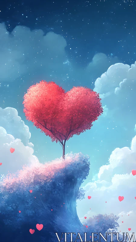 Heart-Shaped Tree Floating in Dreamlike Clouds.