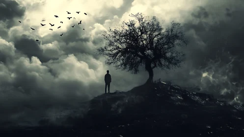 Solitary figure beneath barren tree over storm clouds.