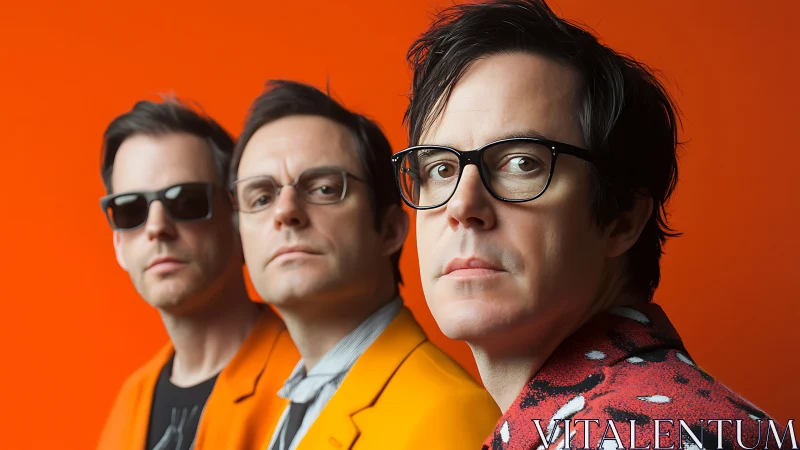 Three serious men in bright jackets stand against vivid orange