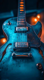 Close view of blue electric guitar with warm bokeh glow.