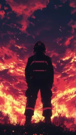 Silhouetted figure in protective gear stands against expansive fire