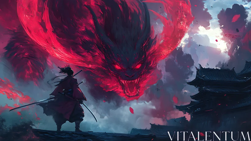 Samurai confronts colossal crimson demon amid burning sky.