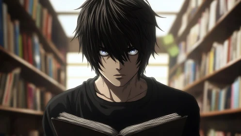 Male anime character reading in library environment.