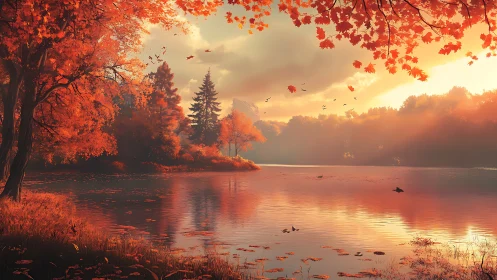 Golden hour autumn lake with drifting crimson leaves.