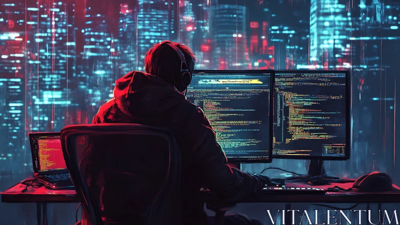 Solitary coder monitors neon data streams in cybernetic studio