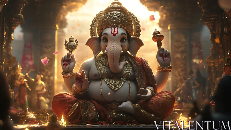Radiant Ganesha statue glows warmly in a golden temple hall