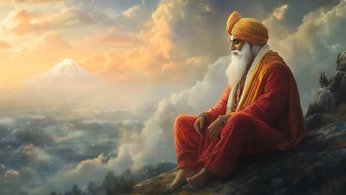 Meditative sage overlooks mist valley beneath glowing peak.