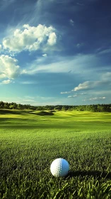 Golf ball close-up on lush fairway under dramatic sky.