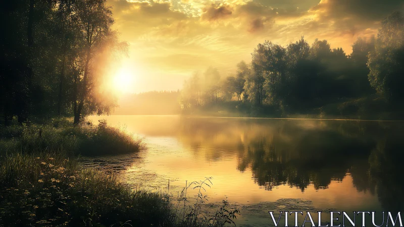 Golden sunrise glows over misty forest lake reflection.