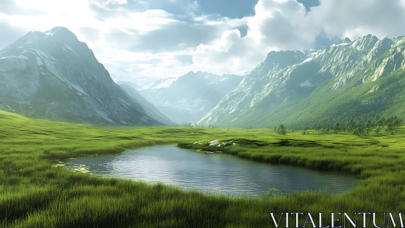 Mountain valley tarn under soft volumetric daylight renders serene