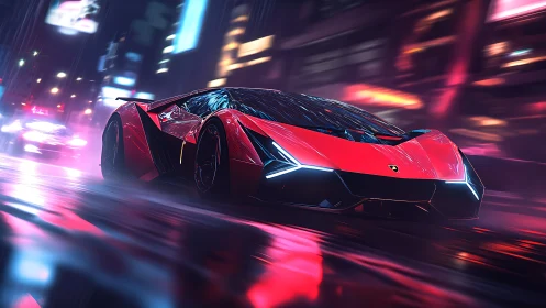Neon red hypercar racing through rainy cyberpunk city streets