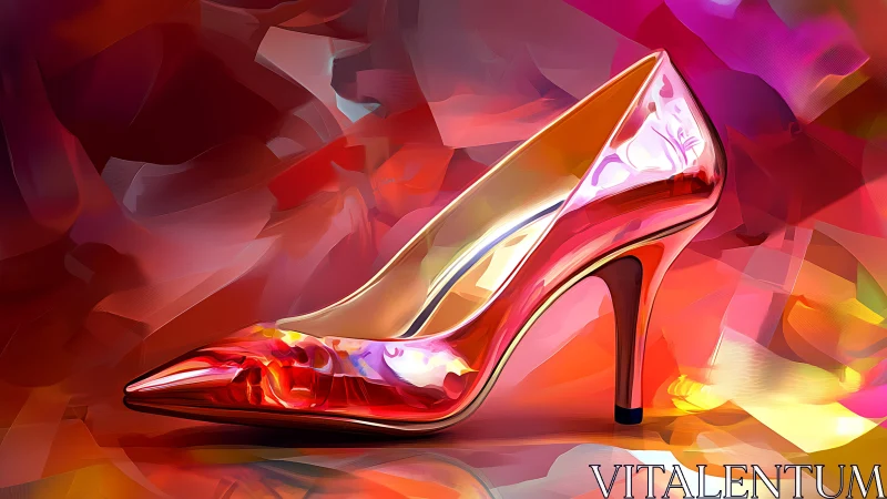 Radiant red stiletto basking in bold swirling colors.