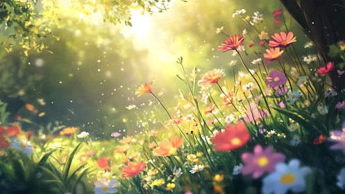 Sunlit wildflower meadow with soft glowing atmosphere.