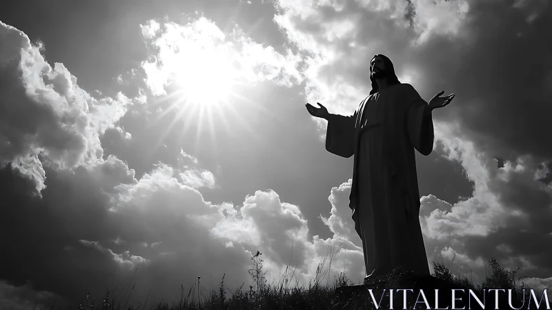 Backlit statue silhouette against high‑contrast cumulus cloud field
