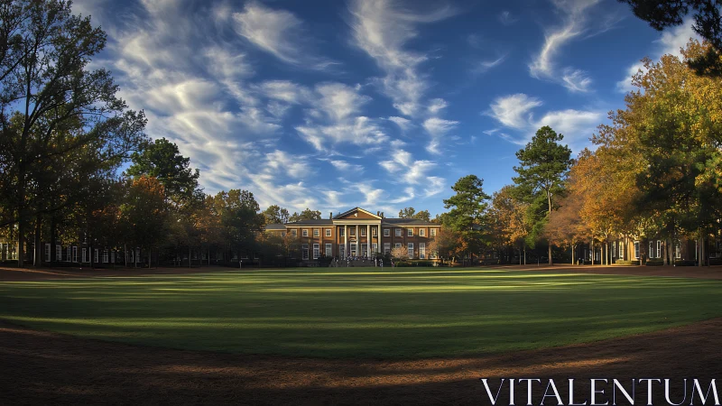 Neoclassical campus hall framed by autumn trees and sky.