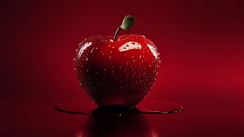 Hyperreal red apple with specular highlights and surface droplets