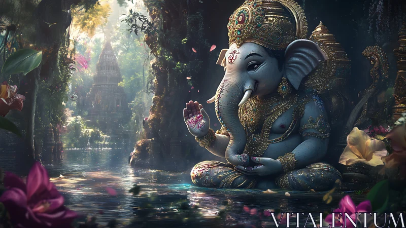 Divine Ganesha statue sits beside reflective jungle river shrine