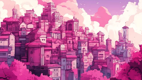 Sunlit pink hillside city rises under glowing cloud towers.