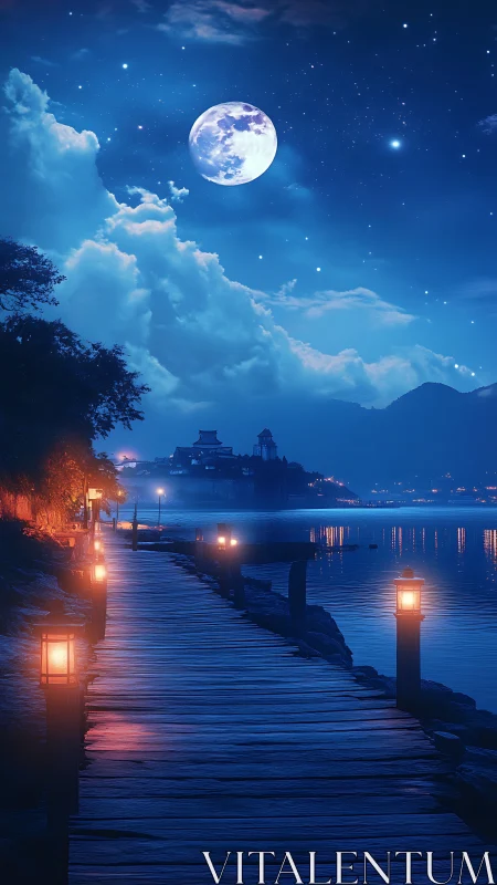 Moonlit lakeside boardwalk with distant illuminated town