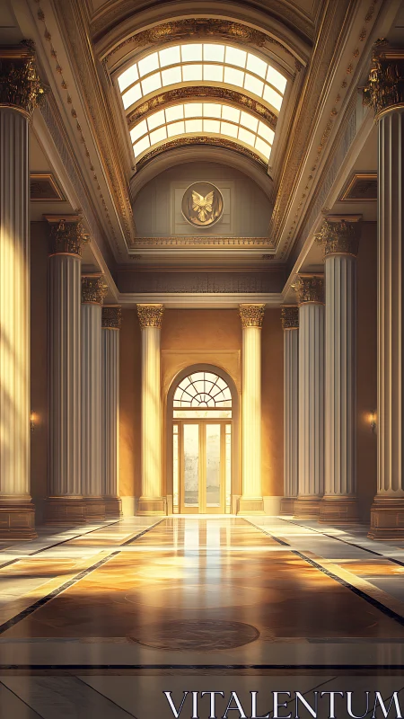 Sunlit neoclassical hall glows with grand architectural grace