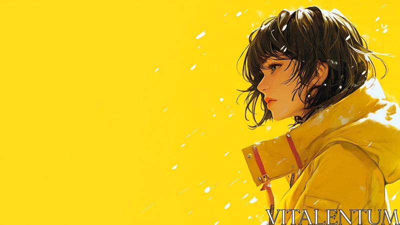 Anime side-profile portrait on saturated yellow field design.