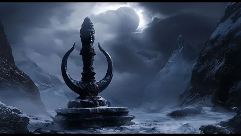 Lunar-illuminated monolithic deity amid glacial mountain pass.