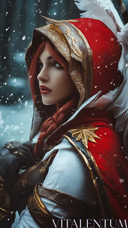 Crimson snowbound paladin gazes through the winter hush.