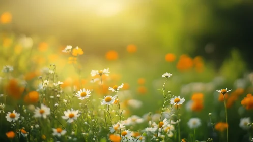 Sunlit meadow celebrates spring with dancing daisies.