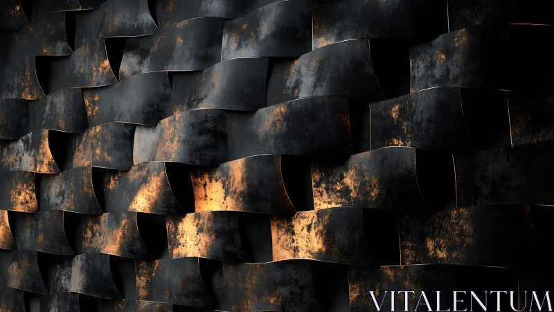 Abstract metallic wall with dark woven texture and golden highlights.