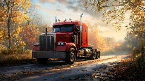 Bright red semi truck cruising a peaceful autumn country road.