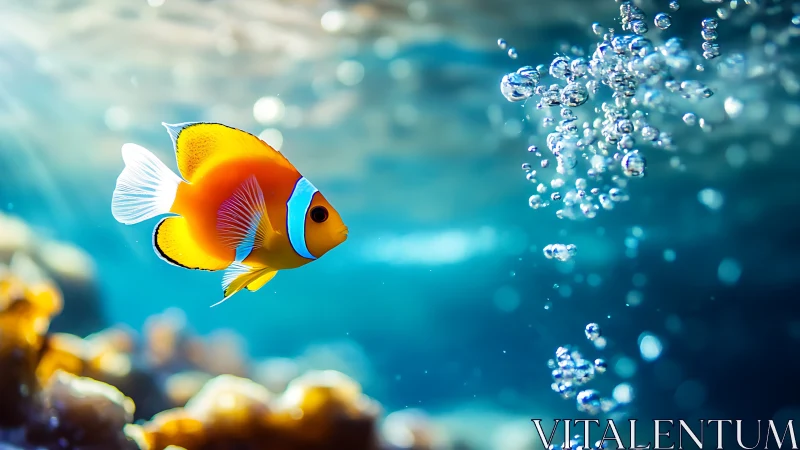 Bright clownfish drifting through sunlit underwater bubbles.