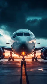 Symmetrical jet airliner portrait in dramatic runway light.