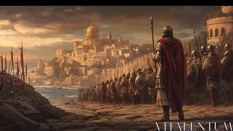 Crimson cloaks and bronze shields before a waiting citadel.