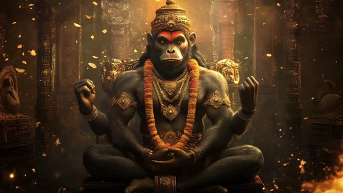 Divine gorilla deity meditates in glowing ancient temple