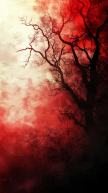 Silhouetted tree branches cut across red and white mist