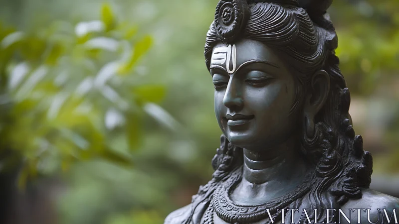 Serene bronze deity smiles softly in a lush garden hush.