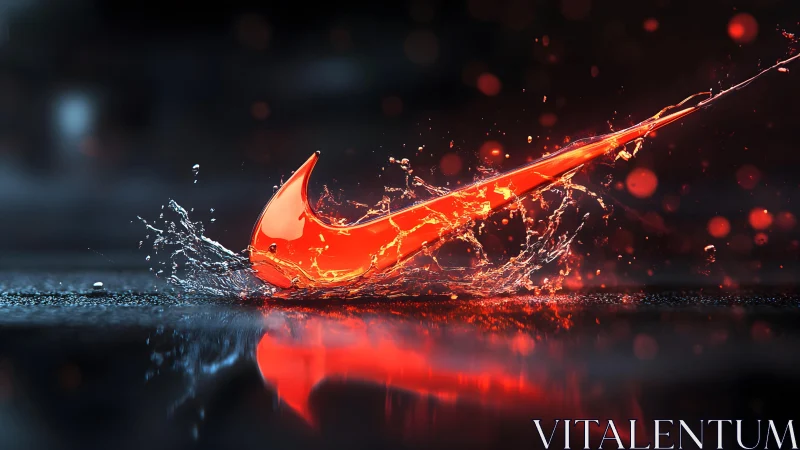 Dynamic red Nike swoosh in water splash, digital art style.