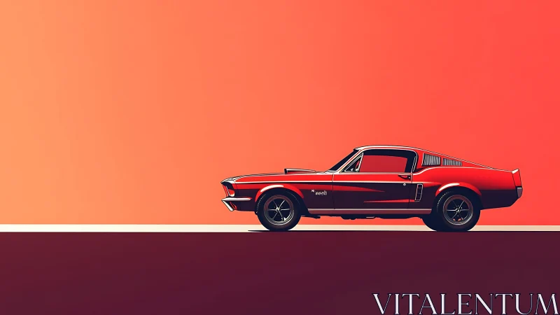 Red classic muscle car profile on bold sunset gradient background.