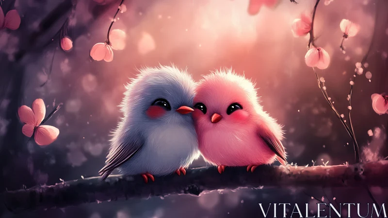 Two fluffy birds perched together amid spring blossoms.