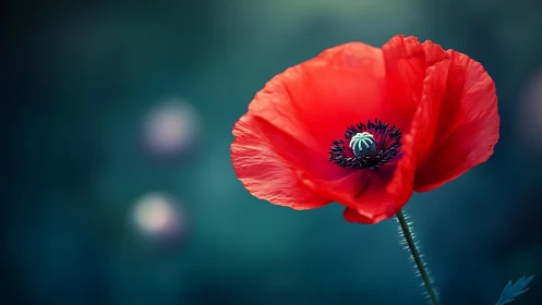 Red poppy flower photographed against teal blurred background