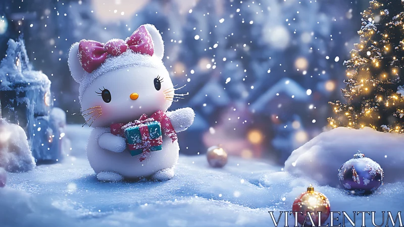 Snowy kawaii cat figurine holding gift in luminous winter scene