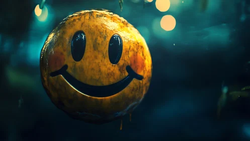 Rust-stained smiley balloon glows in teal bokeh haze.