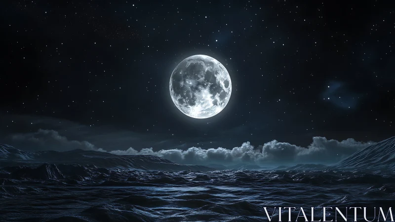 Full moon illuminates dark ocean waves and distant clouds